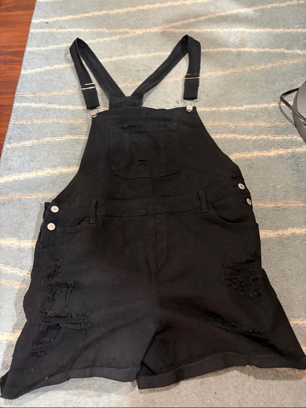 Black Distressed Denim Short Overalls